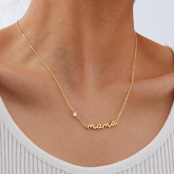 Elegant 925 Sterling Silver Mama Necklace with Heart Shaped Cubic Zirconia - Picture 2 of 7